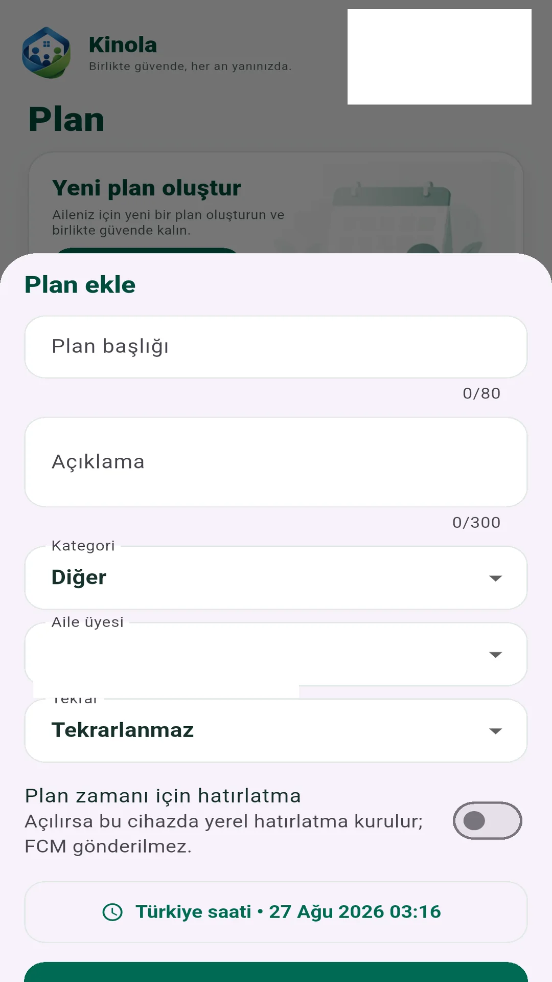 Kinola Plan sekmesinin gerçek uygulama ekranı